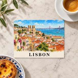 Lisbon Portugal Watercolor Cityscape Travel Postcard