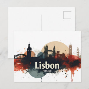 Lisbon Portugal watercolor skyline -Travel Art  Postcard