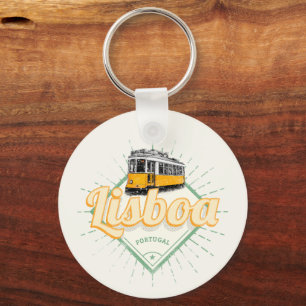 Lisbon Portugal with Retro Tram Vintage Holiday Key Ring