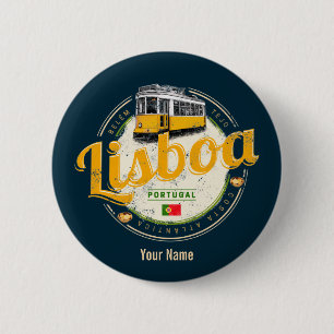 Lisbon Portugal with Retro Tram Vintage Souvenir 6 Cm Round Badge