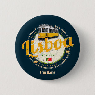 Lisbon Portugal with Retro Tram Vintage Souvenir L 6 Cm Round Badge