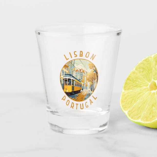 Lisbon Portugal Yellow Tram Retro Distressed Shot Glass (Front)