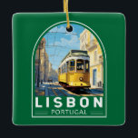 Lisbon Portugal Yellow Tram Travel Art Vintage Ceramic Ornament<br><div class="desc">Lisbon retro vector travel design in an emblem style. A thriving port city located at the estuary of the Tagus River,  known for its old pastel-coloured buildings.</div>