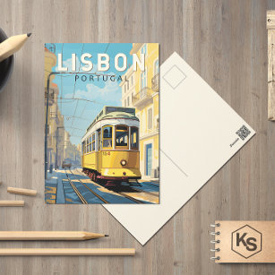 Lisbon Portugal Yellow Tram Travel Art Vintage Postcard