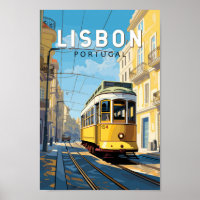 Lisbon Portugal Yellow Tram Travel Art Vintage