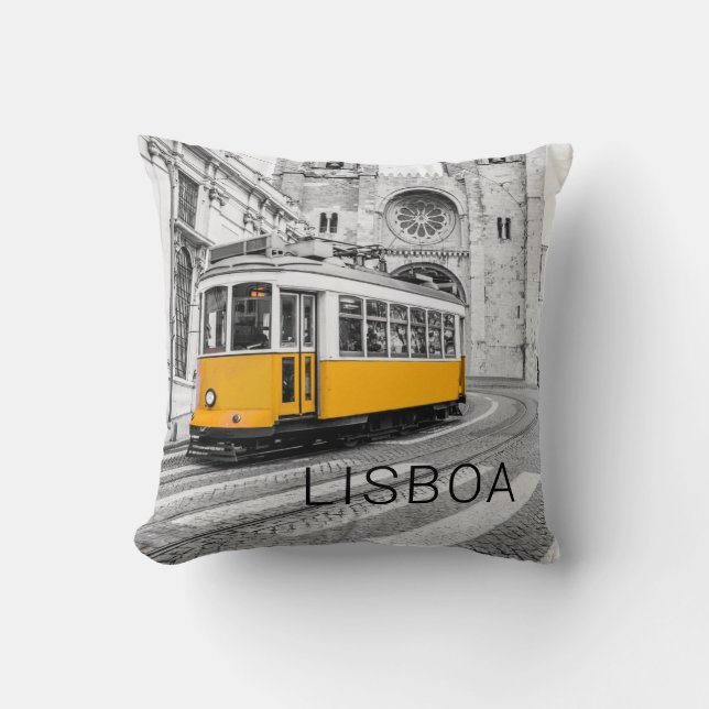 Lisbon Retro Tram Portugal Vintage Streetcar Cushion (Front)