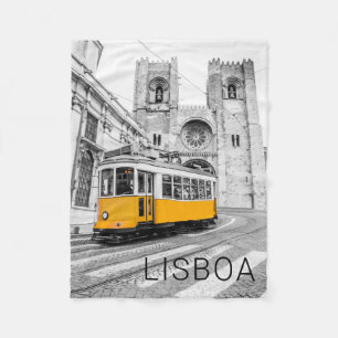 Lisbon Retro Tram Portugal Vintage Streetcar Fleece Blanket