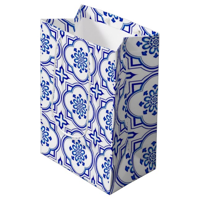 Lisbon Royale Classic Blue and White Geometric  Medium Gift Bag (Front Angled)