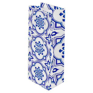Lisbon Royale Classic Blue and White Geometric Wine Gift Bag