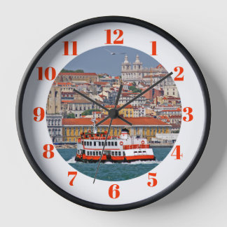 Lisbon skyline with old ferry on Tagus river Clock