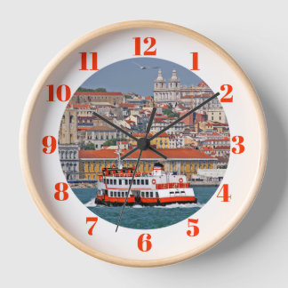 Lisbon skyline with old ferry on Tagus river Clock