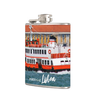 Lisbon skyline with old ferry on Tagus river Hip Flask