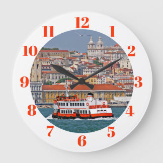 Lisbon skyline with old ferry on Tagus river Large Clock
