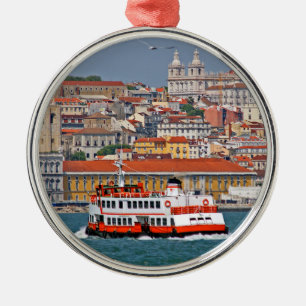 Lisbon skyline with old ferry on Tagus river Metal Tree Decoration
