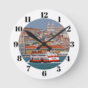Lisbon skyline with old ferry on Tagus river Round Clock