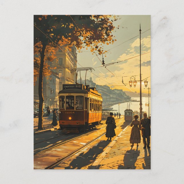 Lisbon Sunset Tram: Vintage Charm Postcard (Front)