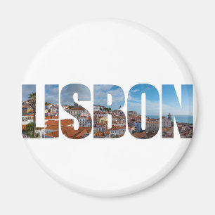 Lisbon text composed of old town panoramic view magnet