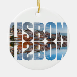 Lisbon text composed old town view with reflection ceramic tree decoration