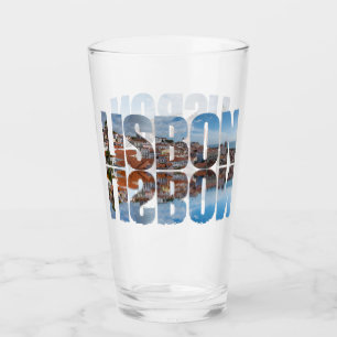 Lisbon text composed old town view with reflection glass