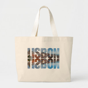 Lisbon text composed old town view with reflection large tote bag