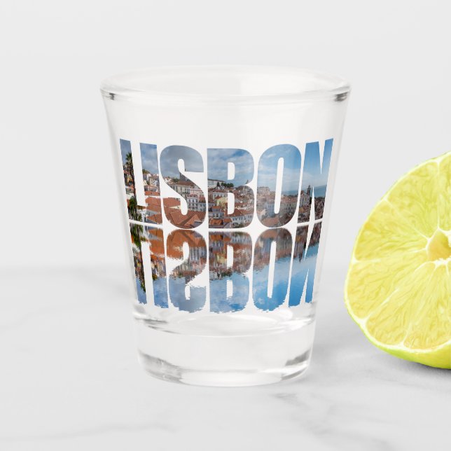 Lisbon text composed old town view with reflection shot glass (Front)