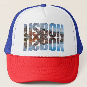 Lisbon text composed old town view with reflection trucker hat