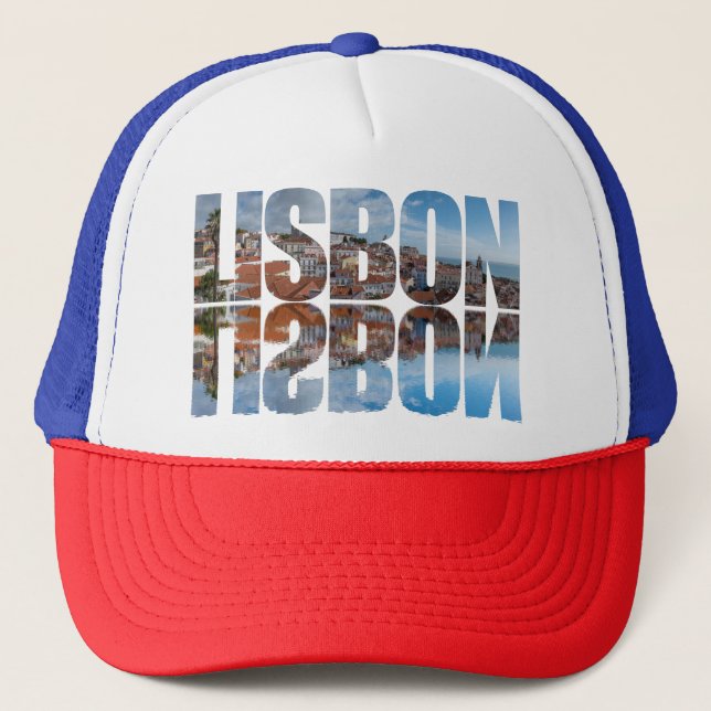 Lisbon text composed old town view with reflection trucker hat (Front)