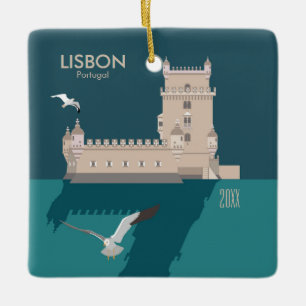 Lisbon Tower of Belem in vintage poster style Ceramic Ornament