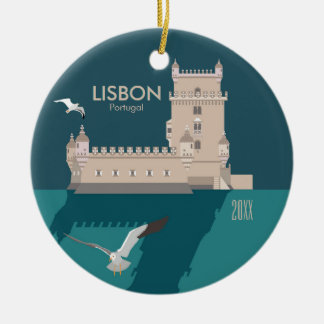 Lisbon Tower of Belem in vintage poster style Ceramic Tree Decoration