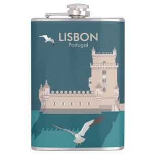 Lisbon Tower of Belem in vintage poster style Hip Flask