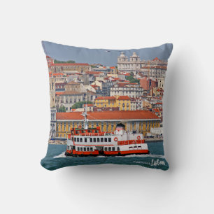 Lisbon view with old ferry on Tagus river Cushion
