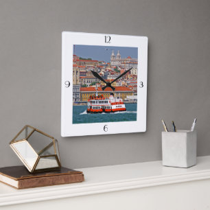 Lisbon view with old ferry on Tagus river Square Wall Clock