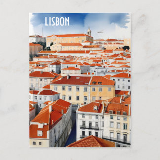 Lisbon watercolor art postcard