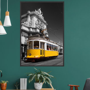 Lisbon Yellow Tram. Augusta Street Arch B/W Photo Poster