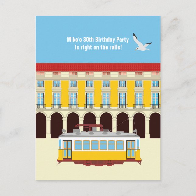 Lisbon yellow tram vintage birthday party  invitation postcard (Front)