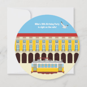 Lisbon yellow tram vintage invitation
