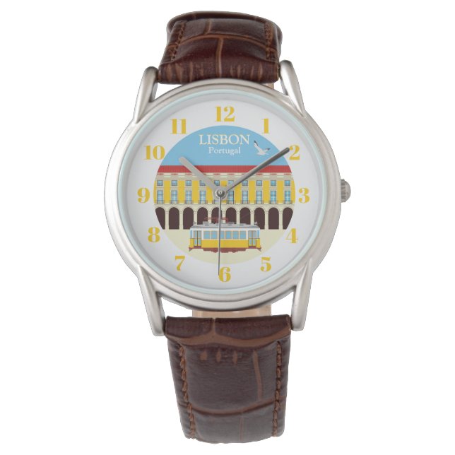 Lisbon yellow tram vintage round watch (Front)