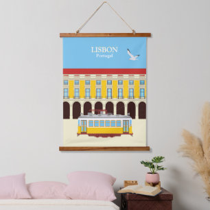 Lisbon yellow tram vintage style hanging tapestry