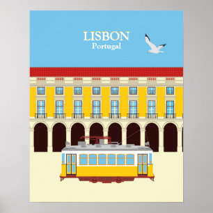 Lisbon yellow tram vintage style poster