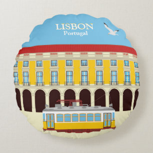 Lisbon yellow tram vintage style round cushion