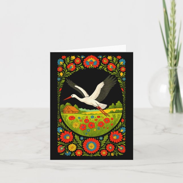 Lish Stork Folk Art Lska Countryside Design  Card (Front)