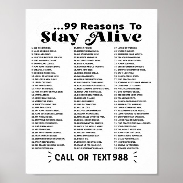 List Of 99 Reasons To Stay Alive - Mental Health A Poster (Front)