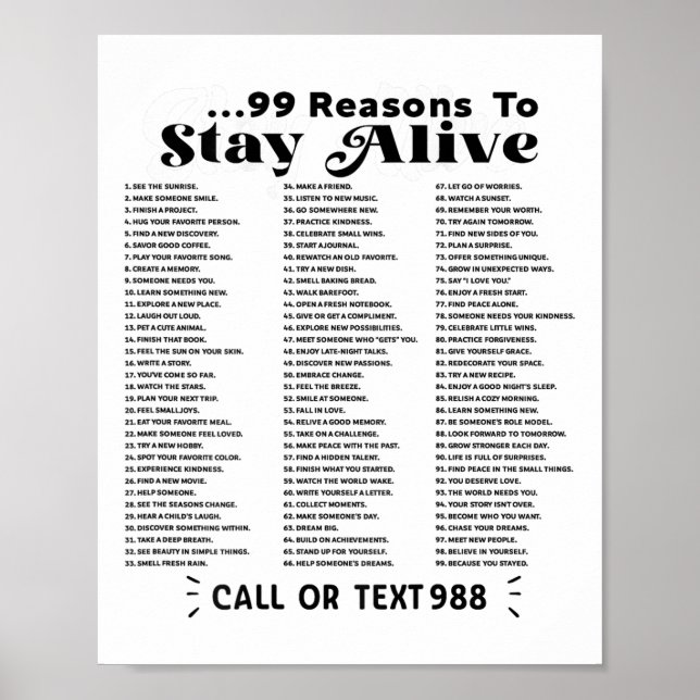 List Of 99 Reasons To Stay Alive - Mental Health A Poster (Front)