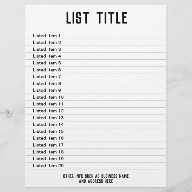 List of Items. Up to 20 items shown. Single-Sided Flyer (Front)
