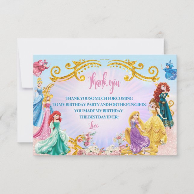 list of   princesses birthday thank you card (Front)