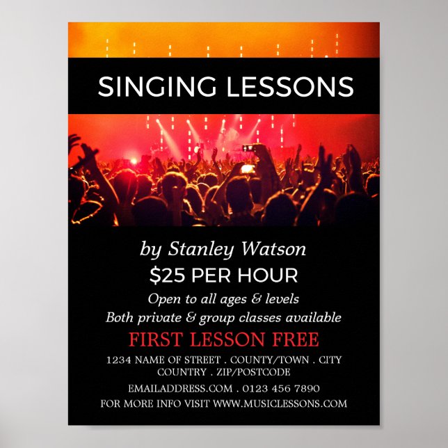 Lit Concert Crowd, Vocalist Lessons Advertising Poster (Front)