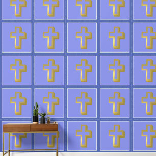 Lit Golden Cross Christian on Lavender & Iris Blue Wallpaper