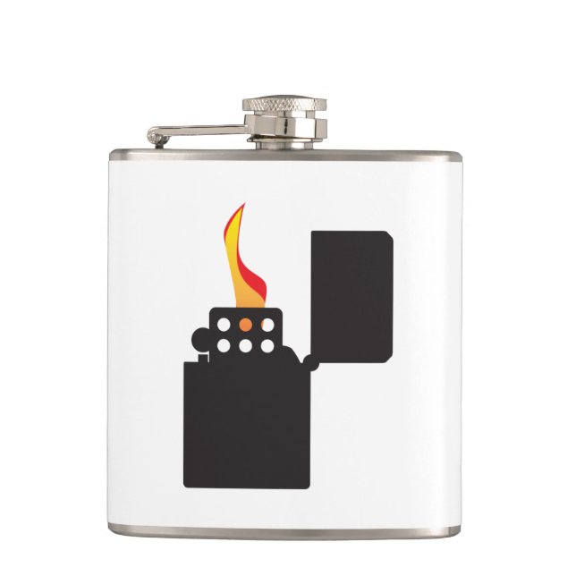 Lit Open Cigaret Lighter Hip Flask (Front)