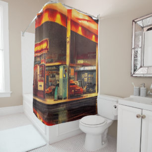 Lit Up Gas Station 1950s Shower Curtain