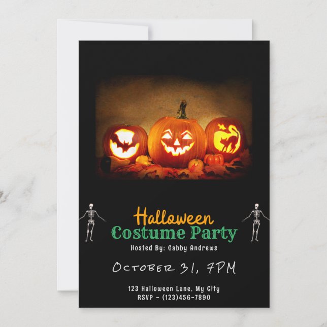 Lit Up Jack-O' Lanterns Black Halloween Invitation (Front)